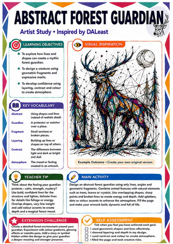 DALeast Inspired Abstract Forest Guardian Worksheet | Fantasy Animal Art | KS3