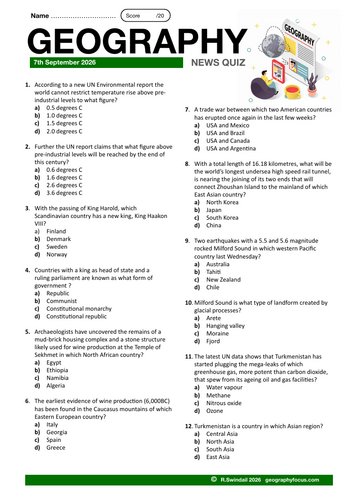 GEOGRAPHY NEWS QUIZ - 7th September 2026