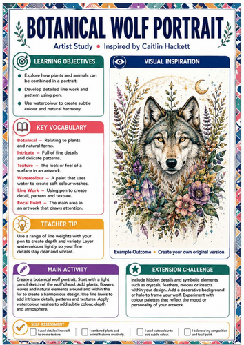 Caitlin Hackett Artist Study – Botanical Wolf Portrait | KS3 Art Lesson