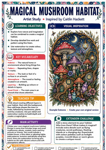 Caitlin Hackett Artist Study – Magical Mushroom Habitat | Fantasy Art Worksheet