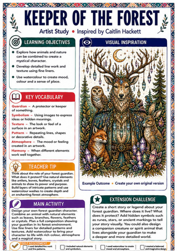 Caitlin Hackett Artist Study – Keeper of the Forest | Fantasy Character Art Worksheet