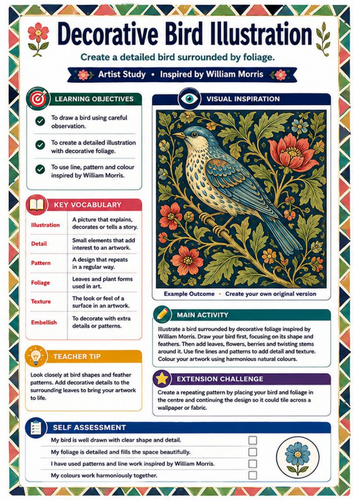 William Morris Decorative Bird Illustration Worksheet | KS3 Art Activity
