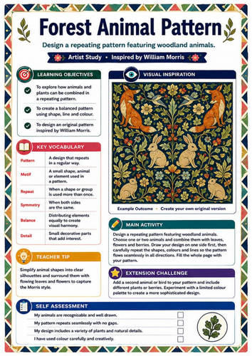 William Morris Forest Animal Pattern Worksheet | KS3 Woodland Art & Design
