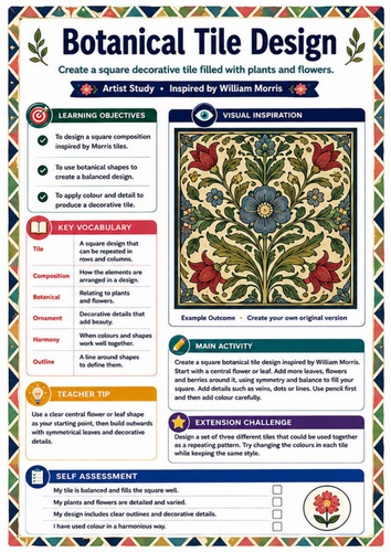 William Morris Botanical Tile Design Worksheet | KS3 Art & Pattern Activity
