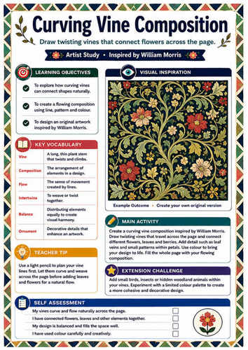 William Morris Curving Vine Composition Worksheet | KS3 Botanical Art