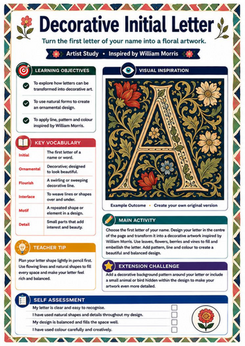 William Morris Decorative Initial Letter Worksheet | KS3 Art & Typography