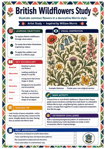 William Morris British Wildflowers Art Worksheet | KS3 Botanical Drawing
