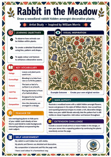 William Morris Rabbit in the Meadow Worksheet | KS3 Nature Art & Pattern