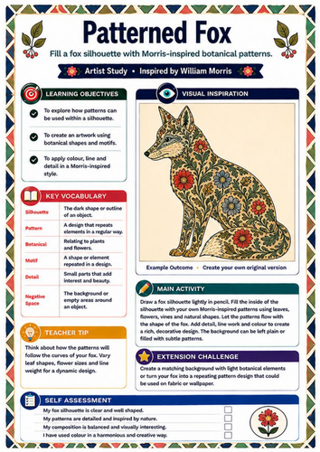 William Morris Patterned Fox Art Worksheet | KS3 Animal & Botanical Design