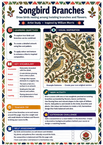 William Morris Songbird Branches Worksheet | KS3 Bird & Botanical Art