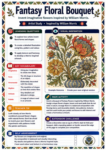 William Morris Fantasy Floral Bouquet Worksheet | KS3 Botanical Art