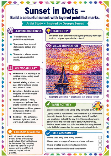 Georges Seurat Sunset in Dots Worksheet | Pointillism Landscape KS3 Art Lesson