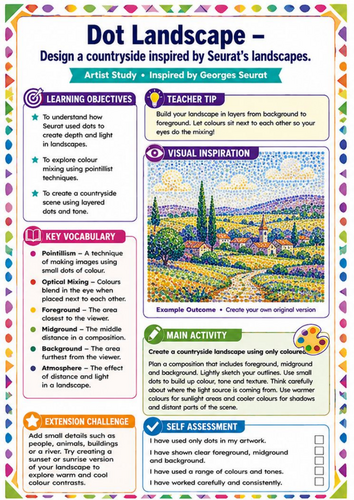 Georges Seurat Dot Landscape Worksheet | Pointillism Countryside KS3 Art Lesson