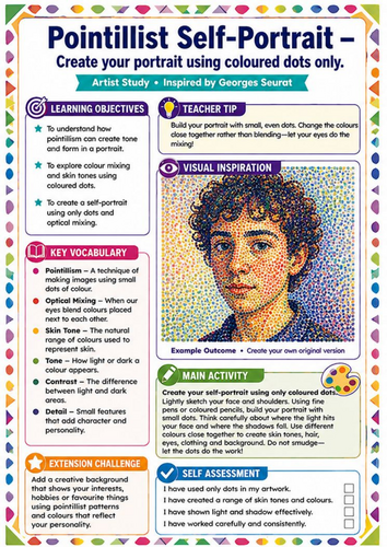 Georges Seurat Pointillist Self-Portrait Worksheet | KS3 Portrait Art Activity