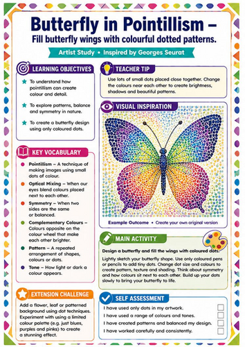 Pointillism Butterfly Art Worksheet | Georges Seurat Colour & Symmetry KS3 Activity