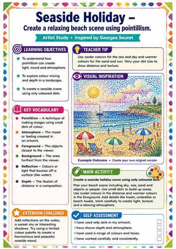 Georges Seurat Seaside Holiday Worksheet | Pointillism Beach Scene KS3 Art