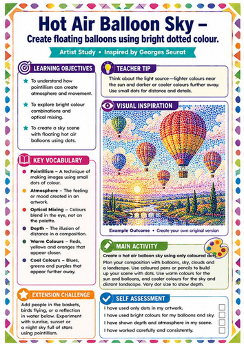 Pointillism Hot Air Balloon Worksheet | Georges Seurat Inspired KS3 Art Lesson