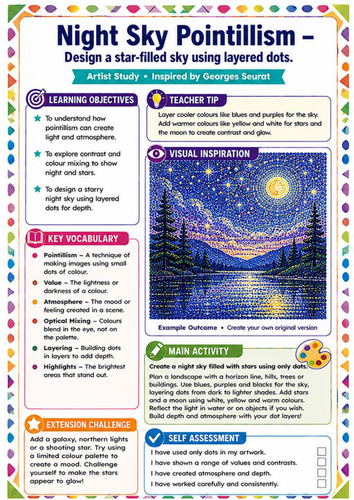 Georges Seurat Night Sky Pointillism Worksheet | KS3 Colour & Landscape Art