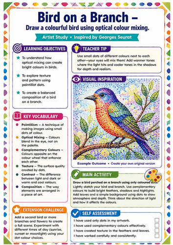 Georges Seurat Bird on a Branch Worksheet | Pointillism Colour KS3 Art Lesson