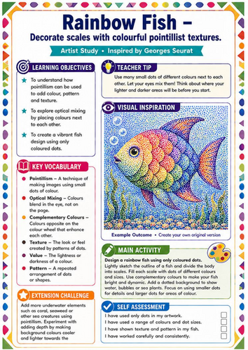Rainbow Fish Pointillism Worksheet | Georges Seurat Colour & Texture KS3 Art