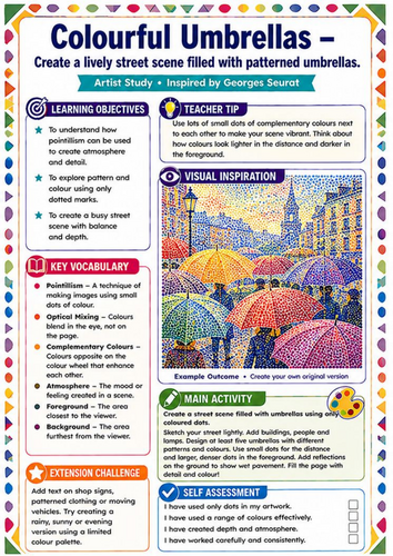 Georges Seurat Colourful Umbrellas Worksheet | Pointillism Street Scene KS3 Art