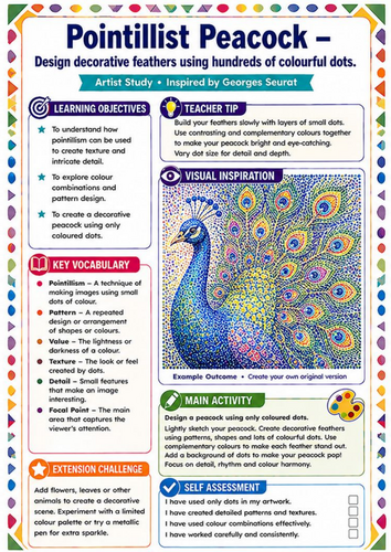 Georges Seurat Pointillist Peacock Worksheet | Colour & Pattern KS3 Art Activity