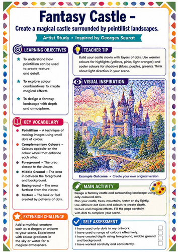 Georges Seurat Fantasy Castle Worksheet | Pointillism Landscape KS3 Art Activity