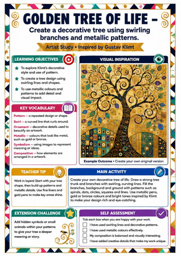 Gustav Klimt Golden Tree of Life Art Worksheet | KS3 Pattern & Design
