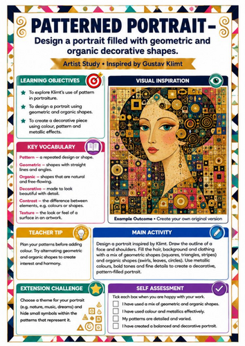 Gustav Klimt Patterned Portrait Art Worksheet | KS3 Portrait & Pattern Lesson