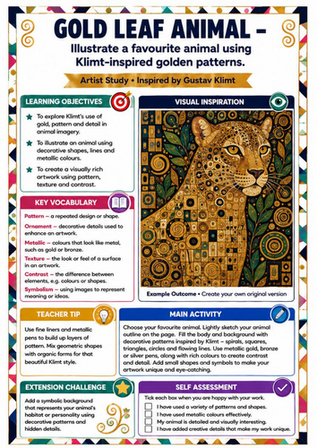 Gustav Klimt Gold Leaf Animal Art Worksheet | KS3 Pattern & Animal Drawing