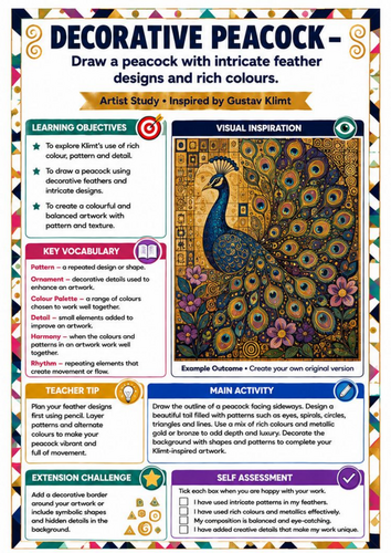 Gustav Klimt Decorative Peacock Worksheet | KS3 Pattern & Colour Art Lesson