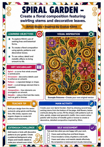 Gustav Klimt Spiral Garden Art Worksheet | KS3 Flowers, Pattern & Colour