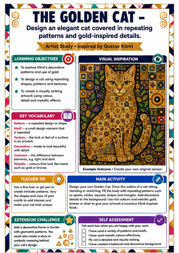 Gustav Klimt Golden Cat Art Worksheet | KS3 Animal Pattern Drawing