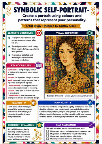 Gustav Klimt Symbolic Self-Portrait Worksheet | KS3 Portrait Art Lesson
