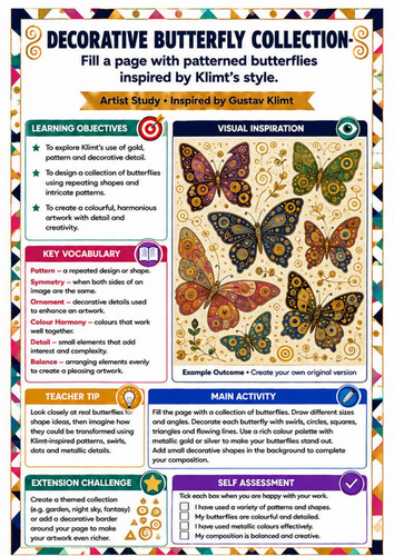 Gustav Klimt Butterfly Art Worksheet | KS3 Pattern, Symmetry & Design