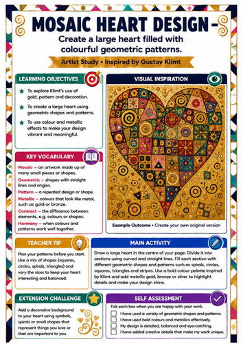 Gustav Klimt Mosaic Heart Art Worksheet | KS3 Geometric Pattern Lesson