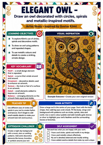 Gustav Klimt Elegant Owl Art Worksheet | KS3 Pattern Animal Drawing