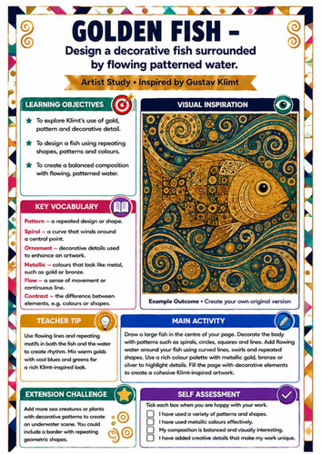 Gustav Klimt Golden Fish Art Worksheet | KS3 Pattern & Movement Lesson