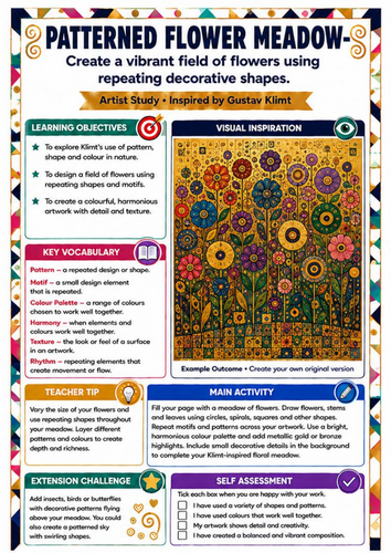 Gustav Klimt Patterned Flower Meadow Worksheet | KS3 Floral Art & Pattern