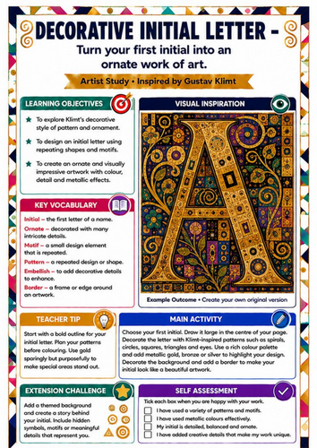 Gustav Klimt Decorative Initial Letter Worksheet | KS3 Pattern & Typography Art