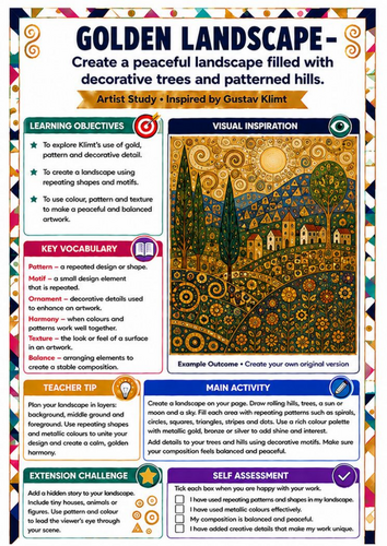 Gustav Klimt Golden Landscape Art Worksheet | KS3 Pattern & Landscape Lesson