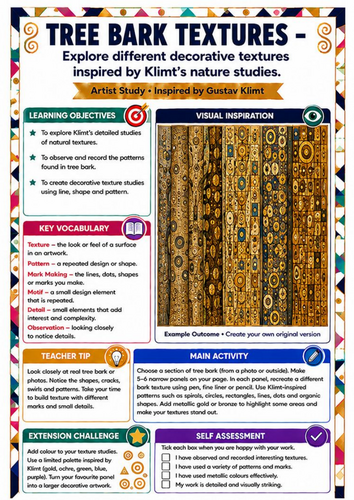 Gustav Klimt Tree Bark Textures Worksheet | KS3 Pattern & Texture Art