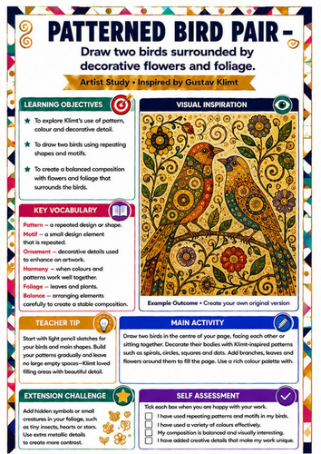 Gustav Klimt Patterned Birds Art Worksheet | KS3 Pattern & Nature Lesson