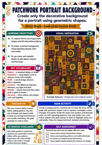 Gustav Klimt Patchwork Portrait Background Worksheet | KS3 Pattern Art