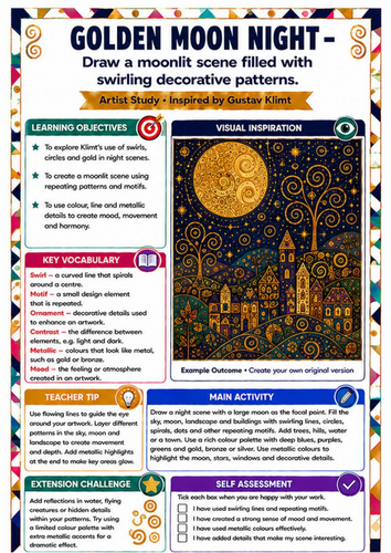 Gustav Klimt Golden Moon Night Worksheet | KS3 Landscape & Pattern Art
