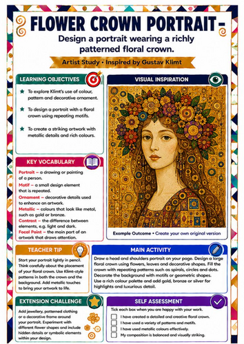 Gustav Klimt Flower Crown Portrait Worksheet | KS3 Portrait & Pattern Art