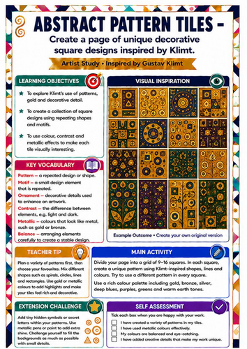 Gustav Klimt Abstract Pattern Tiles Worksheet | KS3 Pattern & Design Art