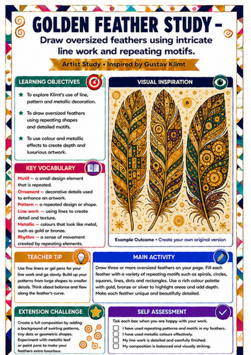 Gustav Klimt Golden Feather Study Worksheet | KS3 Line, Pattern & Texture Art