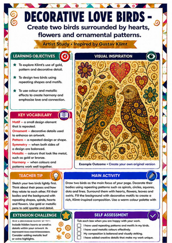 Gustav Klimt Decorative Love Birds Worksheet | KS3 Pattern & Nature Art