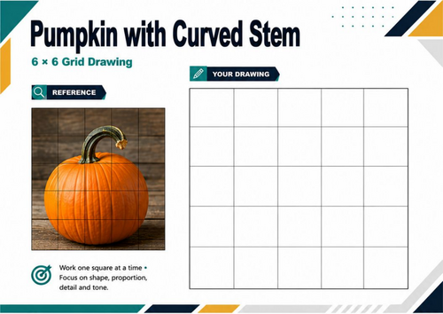 Pumpkin with Curved Stem Grid Drawing | Autumn Observational Art Worksheet | KS3 KS4